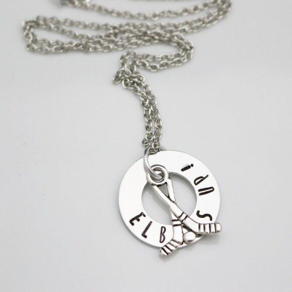 Elbows Up! Hockey Hand Stamped Pendant Necklace - Handmade & Hypoallergenic - Picture 7 of 10